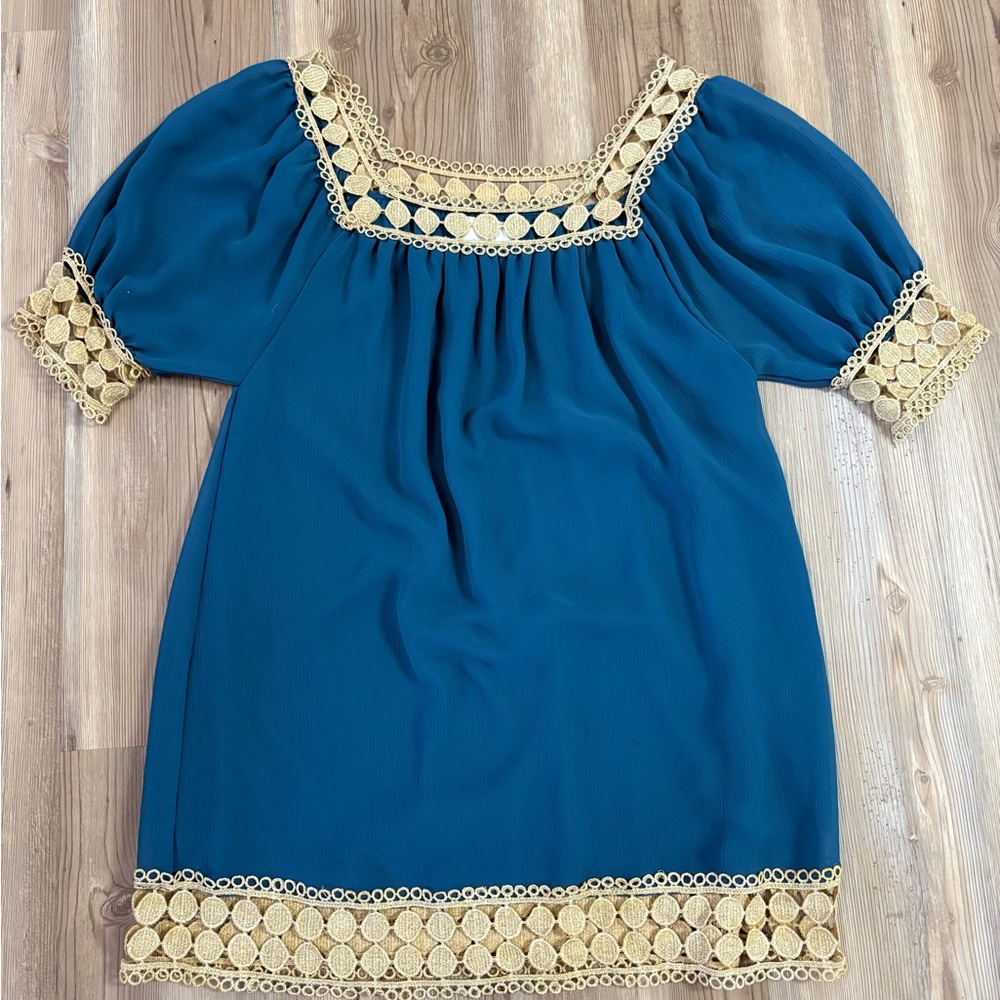 Women's Teal Peasant Tunic with Gold Crochet Trim